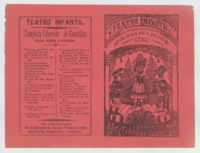 Cover for 'Coleccion de Comedias y Zarzuelitas para Niños', woman on stage flanked by two men