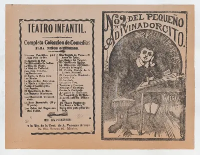Cover for 'Del Pequeño Adivinadorcito', a young boy resting his head on his hand and writing at a desk