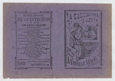 Cover for 'La Cubicubianita Cuento', a figure wearing a feathered hat leaning on a windowsill and talking to another woman