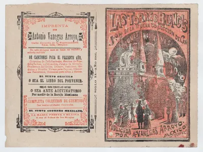 Cover for 'Las Torres Blancas', a group of people walking and looking up at two white towers