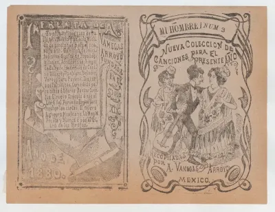 Cover for "Nueva Coleccion de Canciones para el Presente Año"; a man with a guitar placing his arm around a woman's shoulder while another woman watches them
