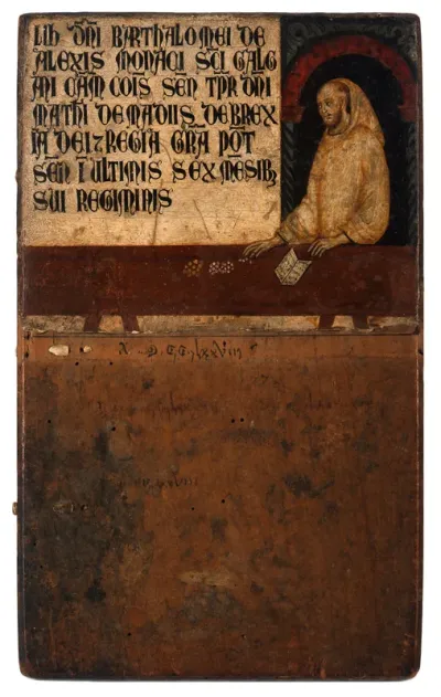 Cover of an account book of the Sienese tax authorities with the portrait of the treasurer