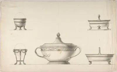 Covered Dish, Two Egg Cups, and Two Salt Cellars