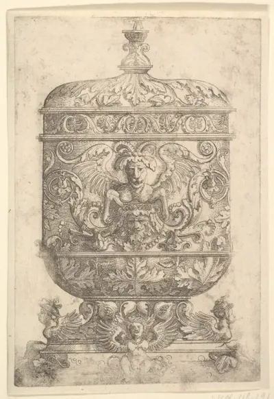 Covered Goblet with Grotesques on a White Background