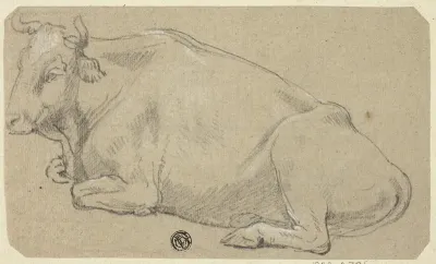 Cow Lying on Haunches (recto); Head of a Woman and Sketch of Horse's Head (verso)