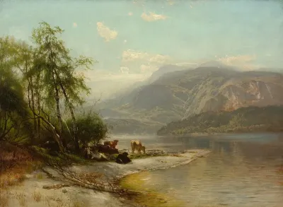 Cows Watering at River's Edge