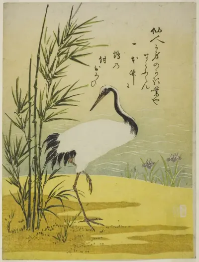 Crane, Bamboo and Iris
