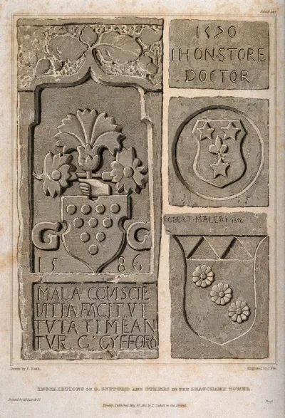 Crests and coats-of-arms of several doctors from a bas-relief in the Beauchamp tower