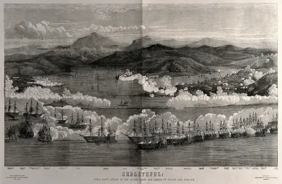 Crimean War: a blazing battle in and around the harbour at Sevastopol, details of the French and English ships are given