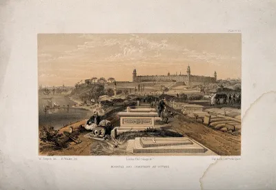 Crimean War: cityscape view of hospital and cemetary at Scutari