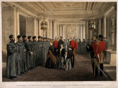 Crimean War, England: Queen Victoria and Prince Albert inspecting the wounded Grenadier Guards in Buckingham Palace
