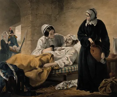 Crimean War: women nurses tending wounded soldiers as "woman's mission"