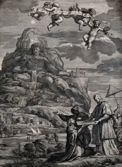 Cristobal Lozano presents to Pope Alexander VII an engraving of a mountain transformed into a statue of a man