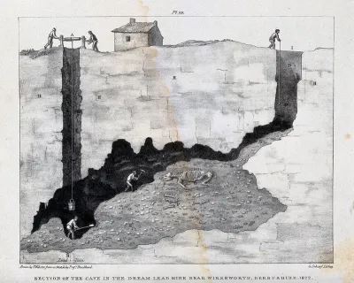 Cross-section of a lead mine in Derbyshire, showing miners working towards an animal fossil