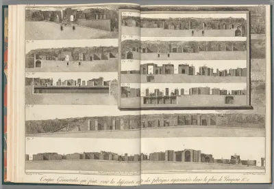 Cross-sections, which show the different aspects of the buildings shown in the plan of Pompeii [the preceding plate], from "Antiquités de Pompeïa, tome premier, Antiquités de la Grande Grèce..." (Antiquities of Pompeii, volume one, Antiquities of Gre