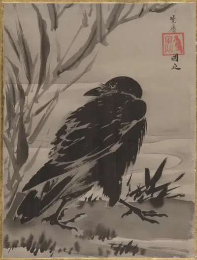 Crow and Reeds by a Stream