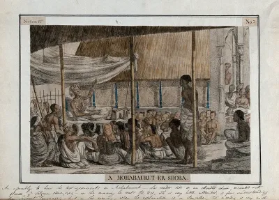 Crowd listening to recital and commentary on the Mahabharata, Calcutta, West Bengal