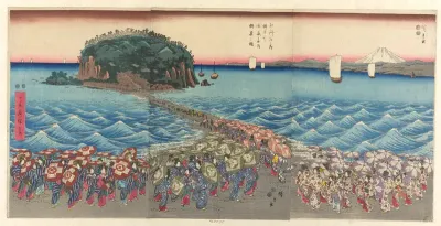 Crowd Visiting Benzaiten Shrine at Enoshima in Sagami Province (Soshu Enoshima Benzaiten kaicho sankei gunshu no zu)