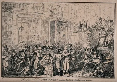 Crowds of people are thronging the streets of Westminster, with traders hawking their wares and others arguing, and so much noise and bustle the horse and carriage is nearly overturned