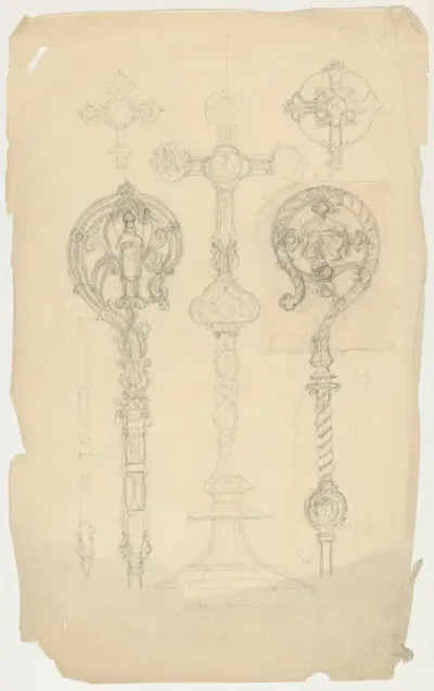 Crucifix en twee bekroningen voor een staf