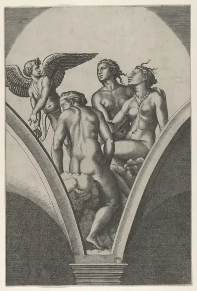 Cupid and The Three Graces, after Raphael's fresco in the Chigi Gallery of the Villa Farnesina in Rome