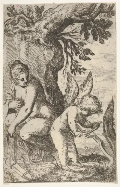 Cupid carves a wooden bow with a file, with his back turned toward Venus, from "Sport of Love" (Scherzi d'amore)