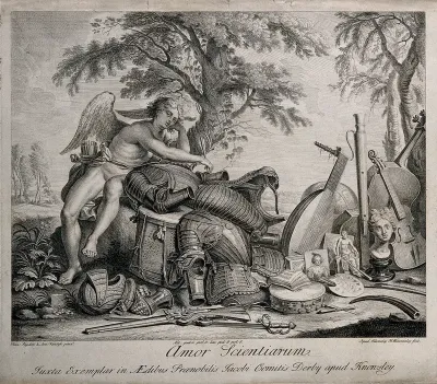Cupid (Love) with arrows sits next to items representing arts and sciences
