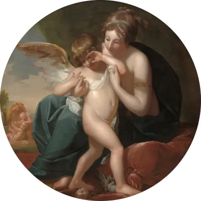 Cupid, stung by a bee, is cherished by his Mother