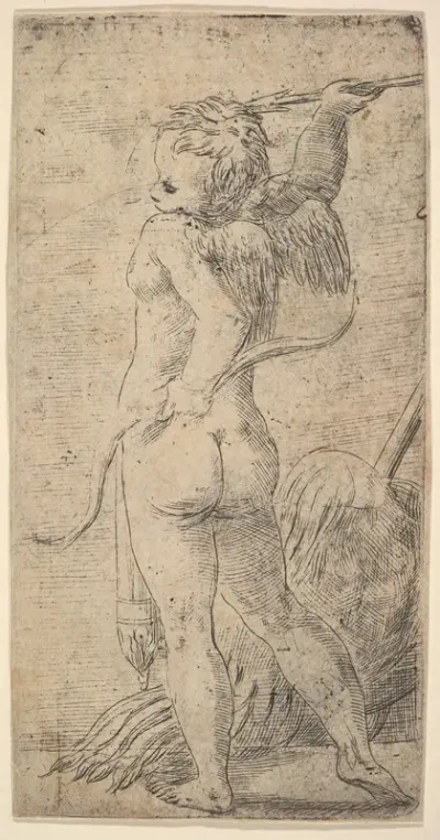 Cupid viewed from behind holding an arrow in his raised right hand, a bow in his left
