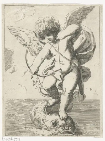 Cupido berijdt een dolfijn