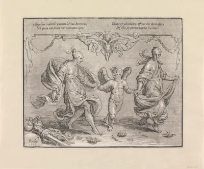 Cupido danst met twee allegorische vrouwfiguren