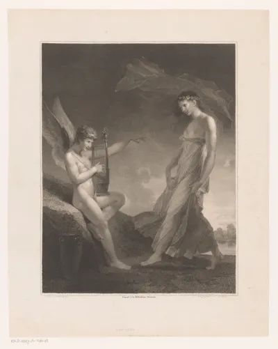 Cupido met harp geeft een jonge vrouw dansles