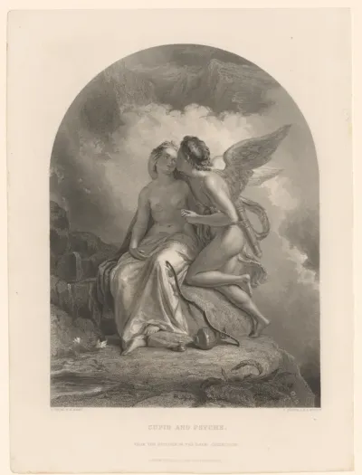 Cupido omhelst Psyche, die op een rots zit