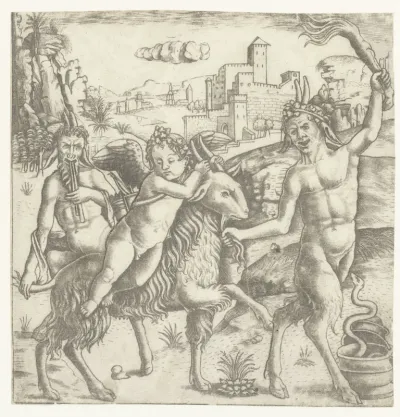 Cupido op een geit met twee satyrs