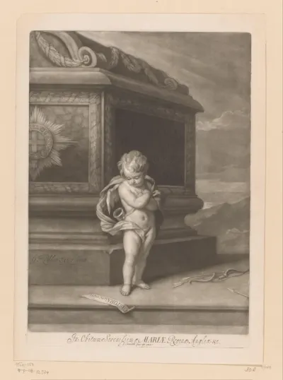 Cupido wenend bij een graftombe