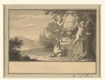 Cupido's omspelen een urn in een landschap