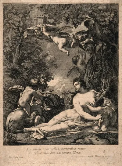 Cybele, a Phrygian earth goddess, surrounded by putti, lions, fruit and general abundance, a flying putto carries a model of a building on his head