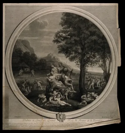 Cybele, Bacchus, Ceres and Flora on a chariot drawn by lions surrounded by all forms of natural abundance and cherubs, symbolising the element earth