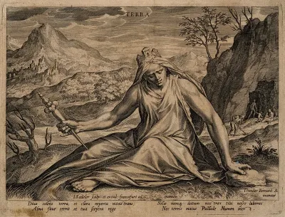 Cybele wearing a turreted crown and holding a sceptre; in the background men work on the land; representing Earth, one of the four elements