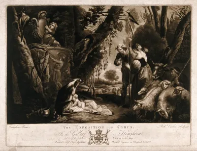 Cyrus is discovered by a shepherd and a shepherdess while he suckles a dog