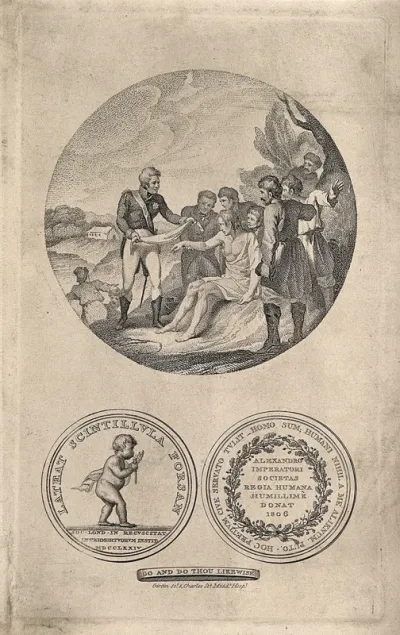Czar Alexander of Russia offers his handkerchief as bandage to a man rescued from drowning