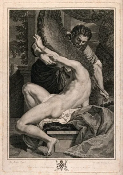 Daedalus attaching wings to the shoulders of his son Icarus