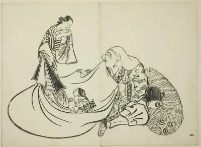 Daikoku revealing the contents of Hotei's bag, no. 2 from the series of 12 prints