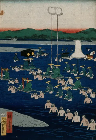 Daimyō's procession to Edo fording a river