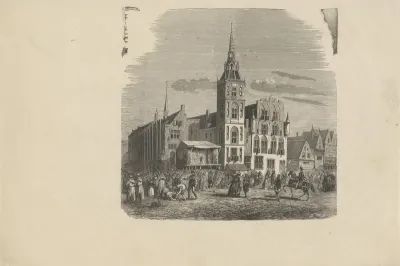 Dam te Amsterdam in de middeleeuwen met een figuur op een podium voor een groot publiek