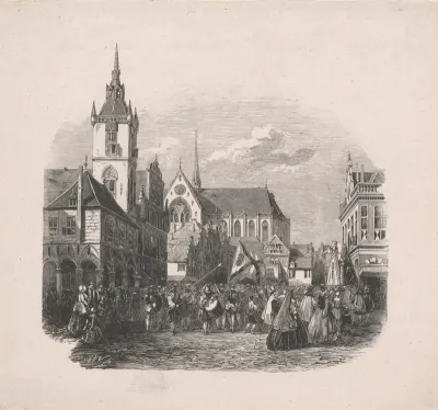 Dam te Amsterdam in de middeleeuwen met feestende figuren voor het Oude Stadhuis en de Nieuwe Kerk