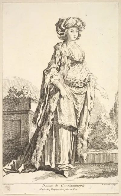 Dame de Constantinople, plate 5 from "Recueil de diverses fig.res étrangeres Inventées par F. Boucher P.tre du Roy et Gravées par F. Ravenet" (Collection of Various Foreign Figures, Devised by F. Boucher, Painter of the King and Engraved [etched] by 
