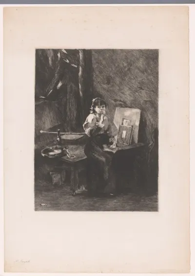 Dame drinkt in een atelier uit een glas
