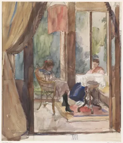 Dame en een jong meisje, beide lezend in de serre van het huis aan de Riouwstraat 6, te Den Haag