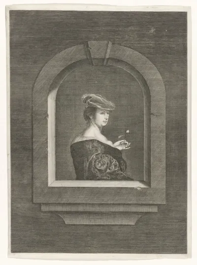 Dame met baret en jurk met decolleté in venster